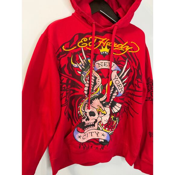 Ed Hardy New York Hoodie Mens Red Eagle Snake Skull Pullover Red Sz L - Picture 3 of 11